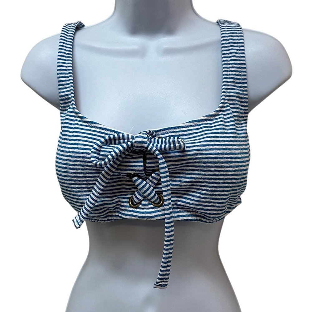 J.Crew Blue White Striped Lace Up Bikini Top AV280 Nautical Pique Womens Large